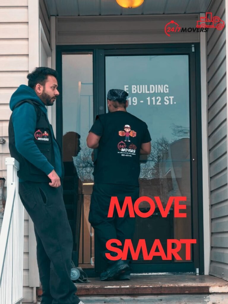 247 Movers crew arriving at an Edmonton condo building entrance