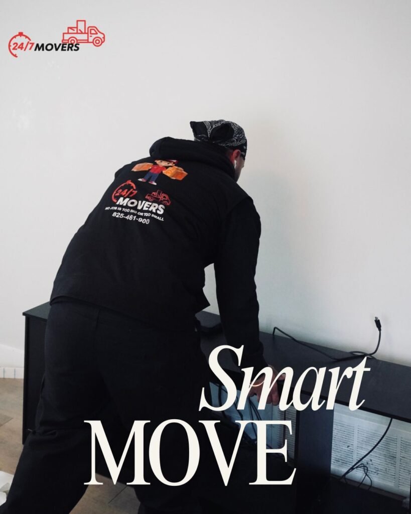 Mover disconnecting and preparing a TV stand for the move