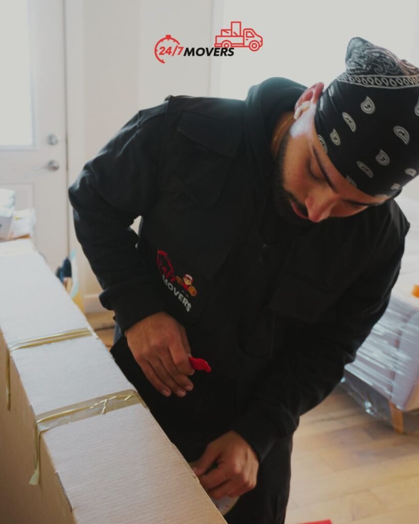 247 Movers packer sealing a moving box