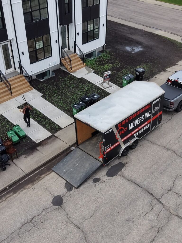 247 Movers Inc. trailer parked for a townhouse move in Edmonton