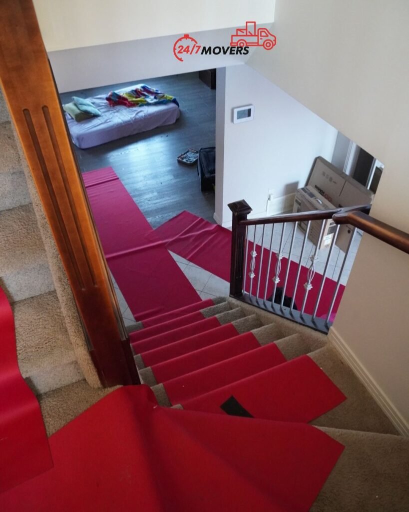 Staircase and landing covered in red floor runners